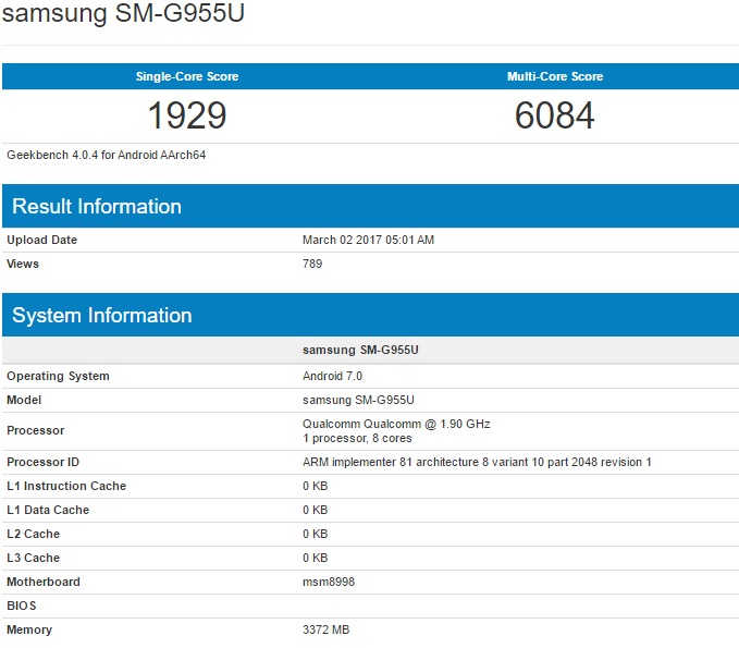 Samsung Galaxy S8+  Snapdragon 835  Geekbench