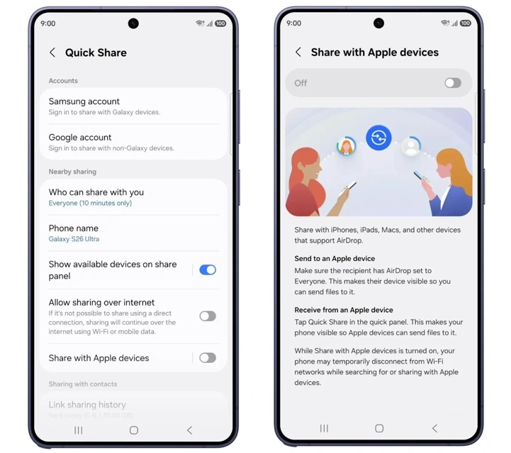 Samsung внедрила поддержку AirDrop в линейку Galaxy S26