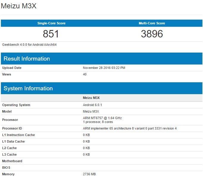 Meizu M3X  MediaTek Helio P20   Geekbench