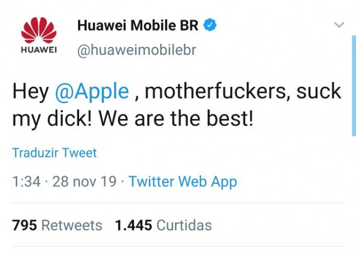 «Эй Apple, засранцы! Мы лучшие!» - твиттер-аккаунт Huawei взломали