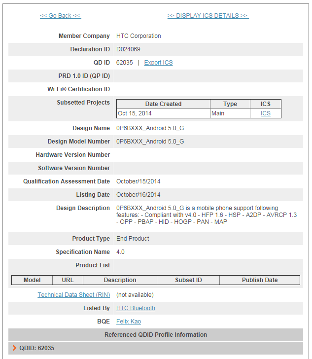 HTC One (M8)  Android 5.0     Bluetooth