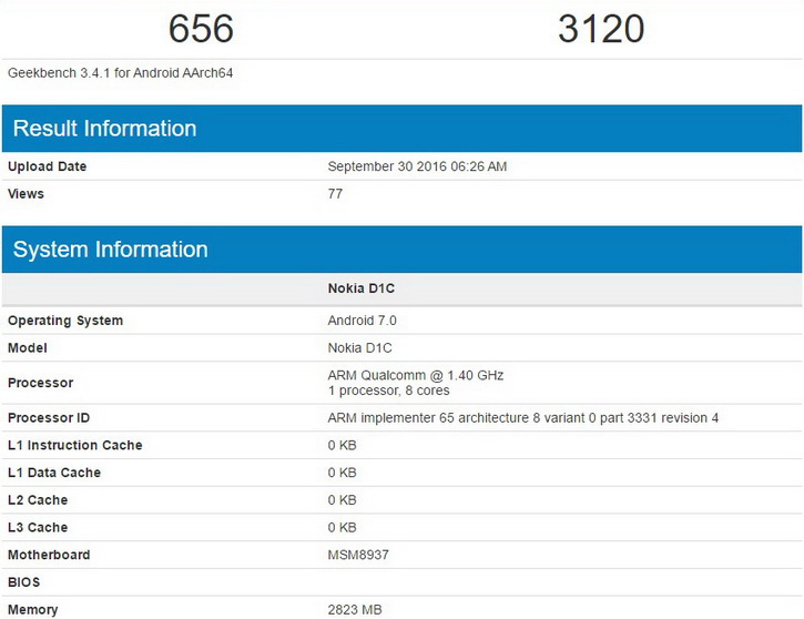 Nokia D1C  Android Nougat  Geekbench ()