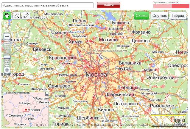 Карта расположения вышек сотовой связи московская область