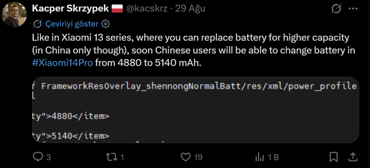 Раскрыта ёмкость увеличенных сменных батарей для Xiaomi 14 Pro
