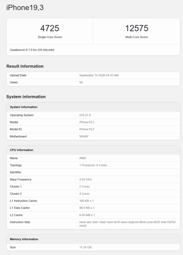 Раскрыты результаты Apple A20 Pro в Geekbench