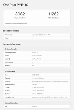 OnePlus 16 появился в Geekbench с чипом Snapdragon 8 Elite Extreme Gen 6