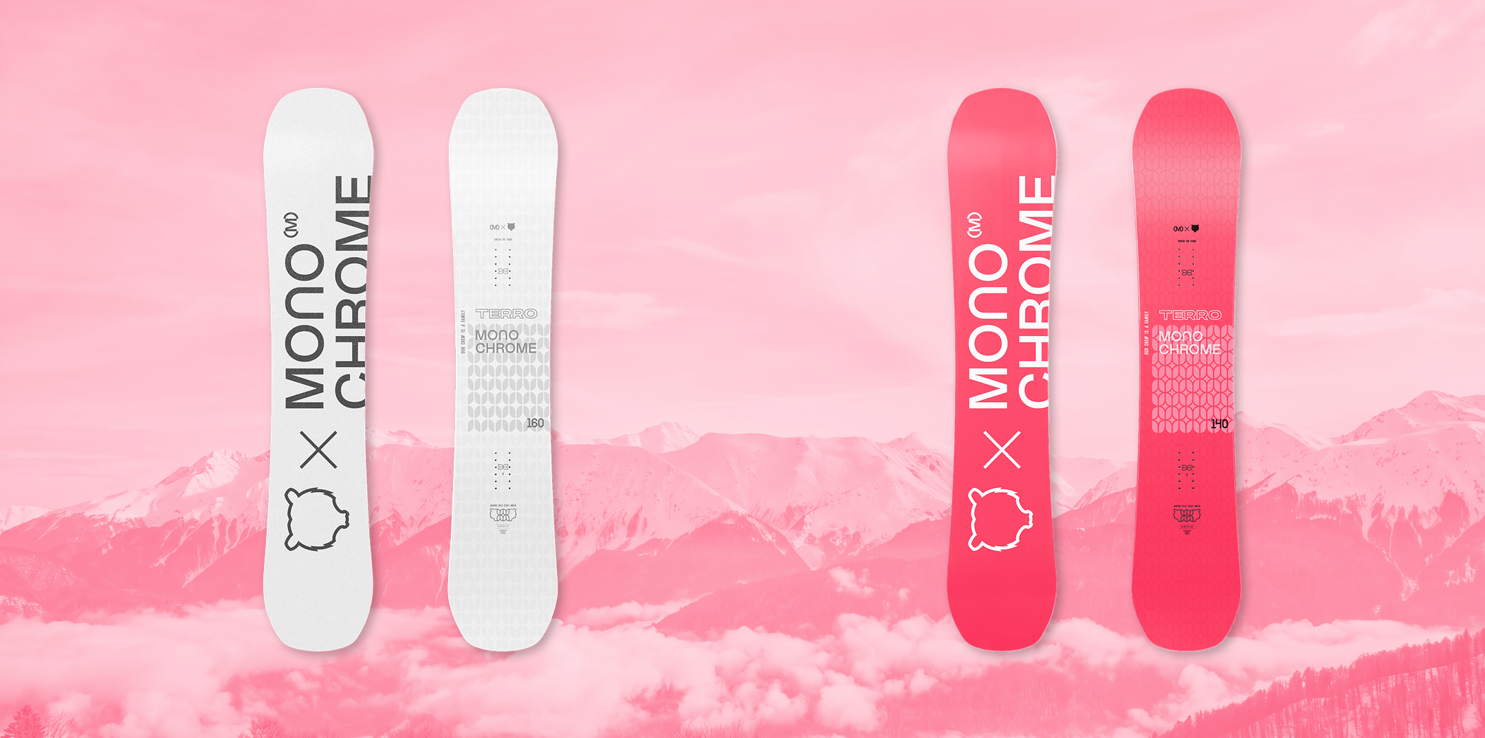 Сноуборды MONOCHROME × TERRO: белый FROST и розовый BLAZE с двух сторон