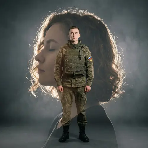 Концептуальный студийный портрет, выполненный в технике двойной…