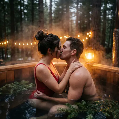 Intimate portrait of passionate young couple kissing in wooden hot…