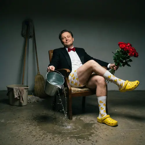 A man sitting relaxed on a wooden chair with a slightly majestic…