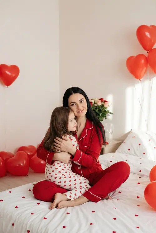 A photorealistic professional family photograph of a mother and her…