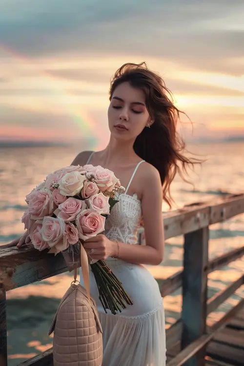 A graceful woman standing on a weathered wooden pier at golden hour…