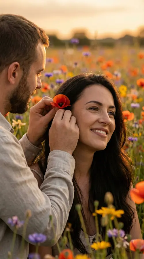Photorealistic romantic close-up portrait of a couple in a vibrant…