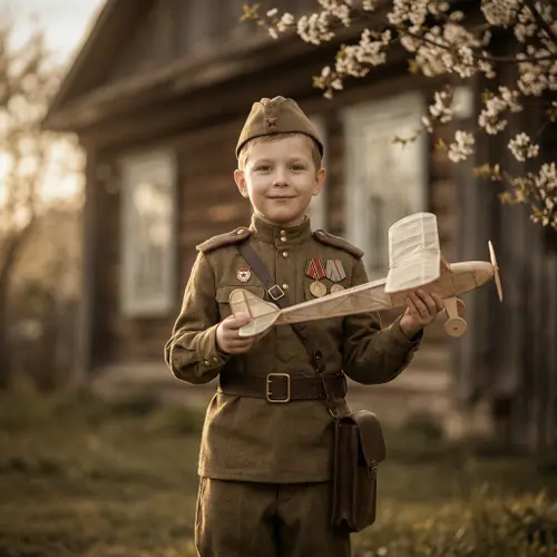 Ретро‑портрет: мальчик 6 лет в старинной военной форме 1940‑х, полный…