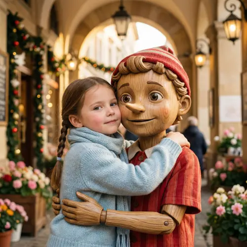 Cinematic scene of a warm, friendly embrace: A 6-7 year old girl with…