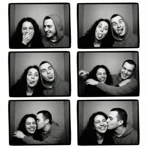 Authentic vintage photobooth strip, vertical layout with 4 sequential…