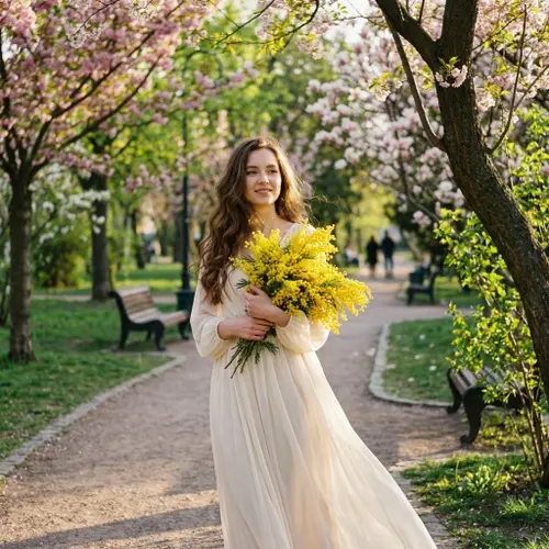 Young woman standing on pedestrian pathway in blooming spring city…