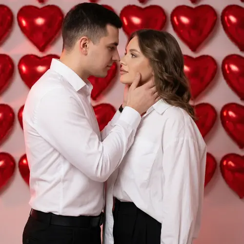 Photorealistic photo of a romantic couple, a man and a woman standing…