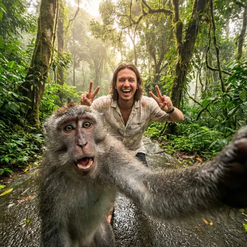 Create a highly detailed photorealistic travel selfie in a vibrant…
