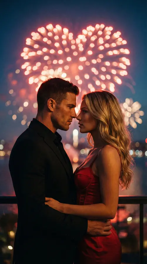 Cinematic extreme close-up portrait of couple on night balcony, face…