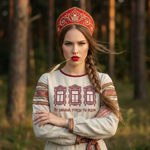 Фотореалистичный портрет: молодая женщина в русском лесу, красный…