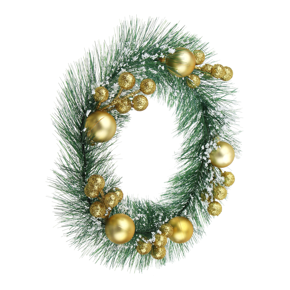 СНОУ БУМ Венок рождественский заснеженный с декором и ягодами, 25см, ПВХ, дерево, золотой декор - #2