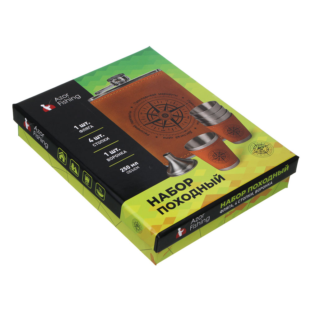 Набор походный тм AZOR FISHING, фляга, 4 стопки, воронка, нержав.сталь - #7