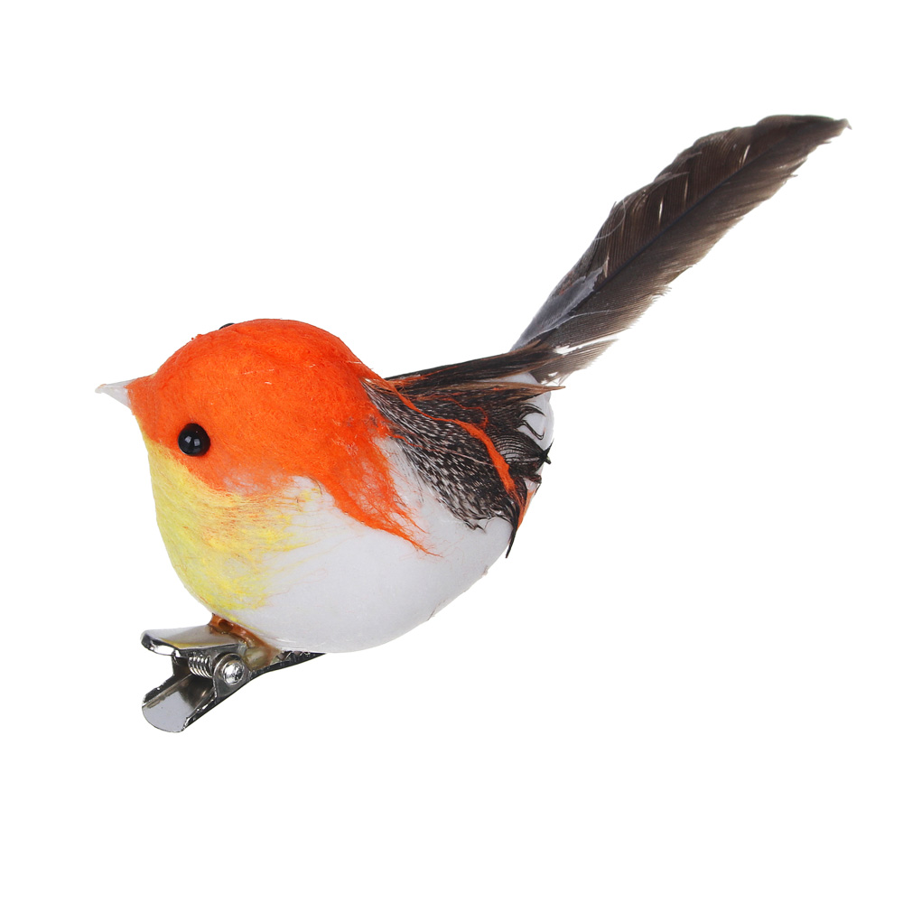 РЫЖИЙ Птица на прищепке Оранжевая 9,5см, PE, перо - #3