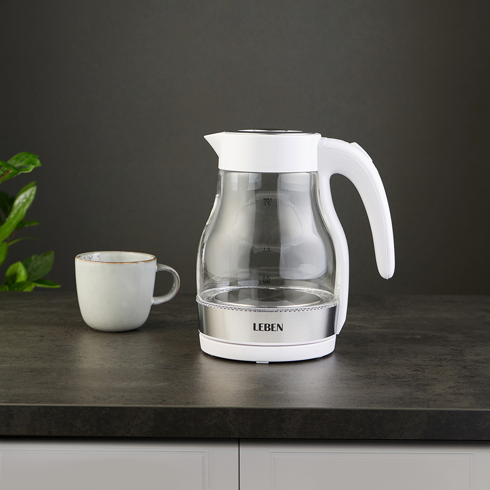 LEBEN Чайник электрический 1,7 л., 2200 Вт., стекло, белый пластик - #11