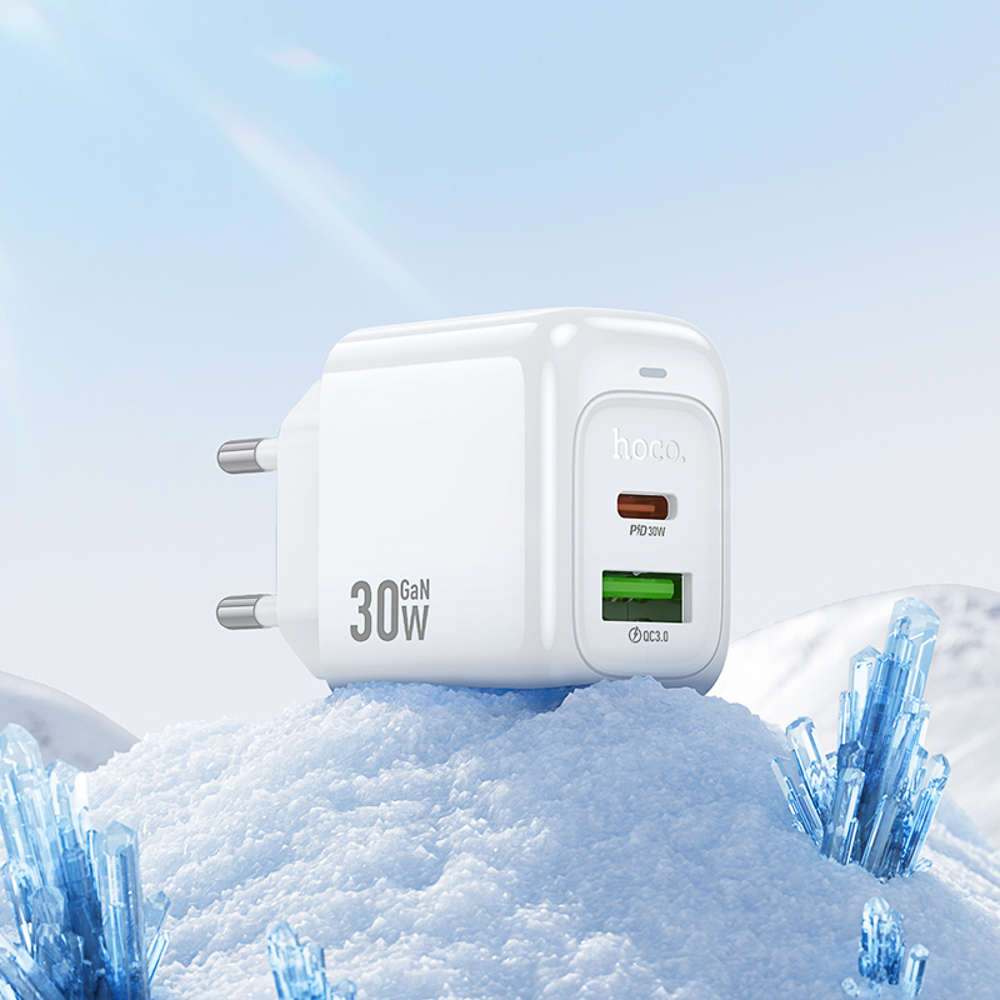hoco. Зарядное устройство модель CS55A, USB+C 30W+ Кабель для зарядки С-С, цвет: белый - #9