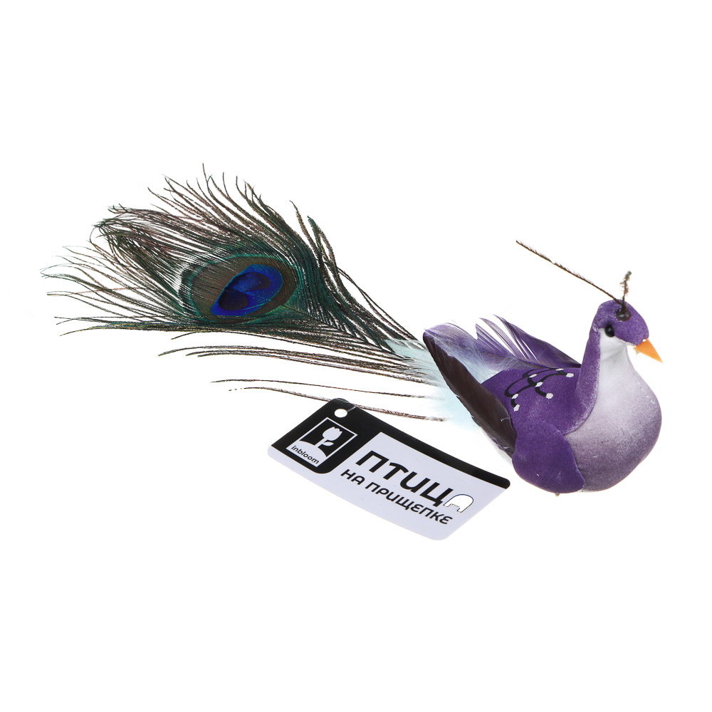 INBLOOM Птица на прищепке Павлин 18см, пенополистирол, перо - #6