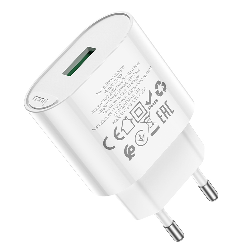 hoco. Зарядное устройство модель C109A, USB-A QC 20W, цвет: белый - #7