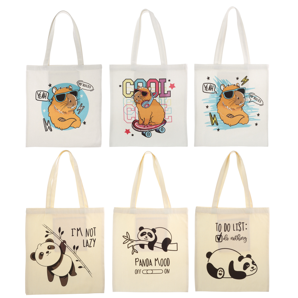 Сумка-шоппер, "Панды/Капибары", 38x42см, длина ручек 58 см, внутр. карман, полиэстер, 6 дизайнов - #1