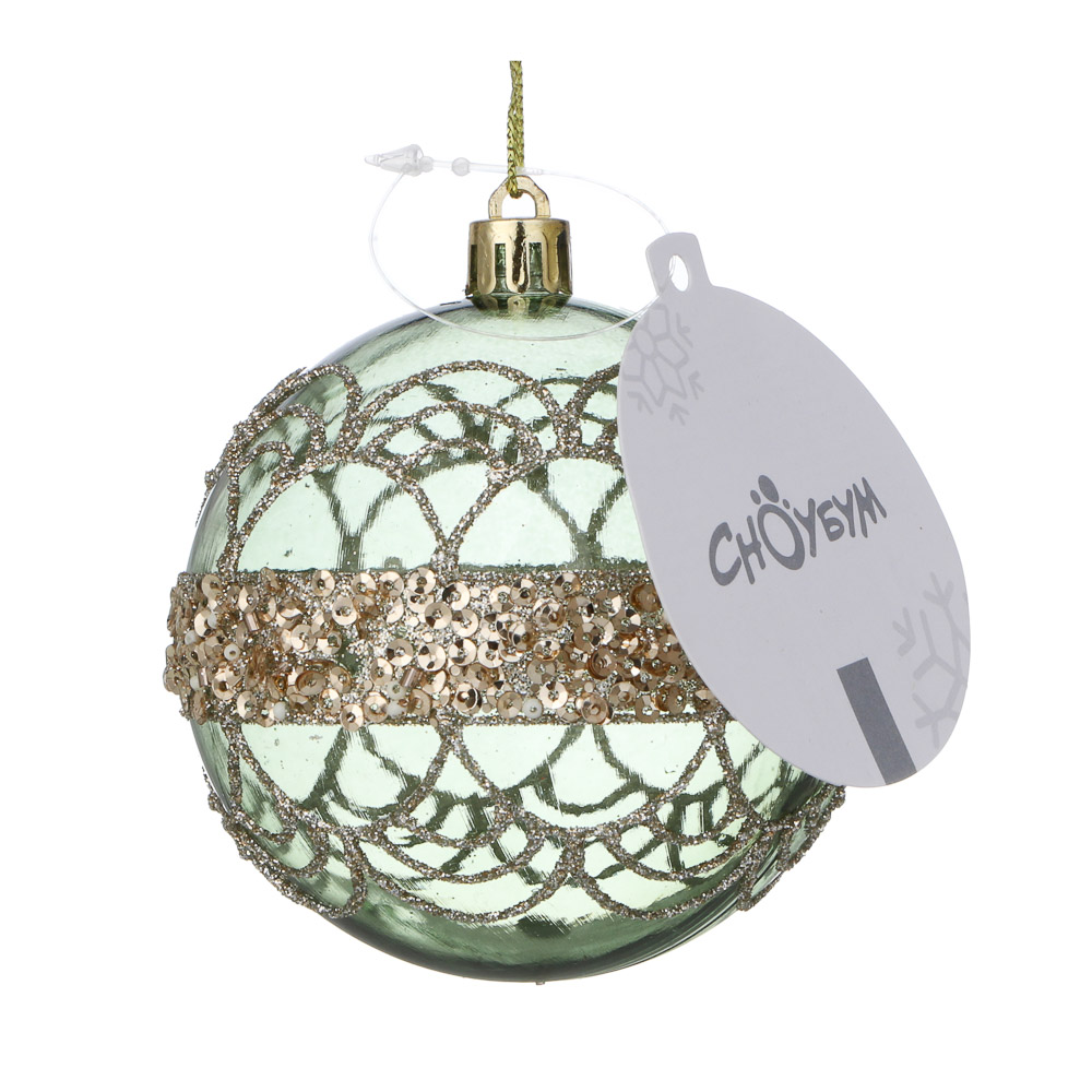 СНОУ БУМ Шар пластик 8 см, зеленый, прозрачный с узором - #4