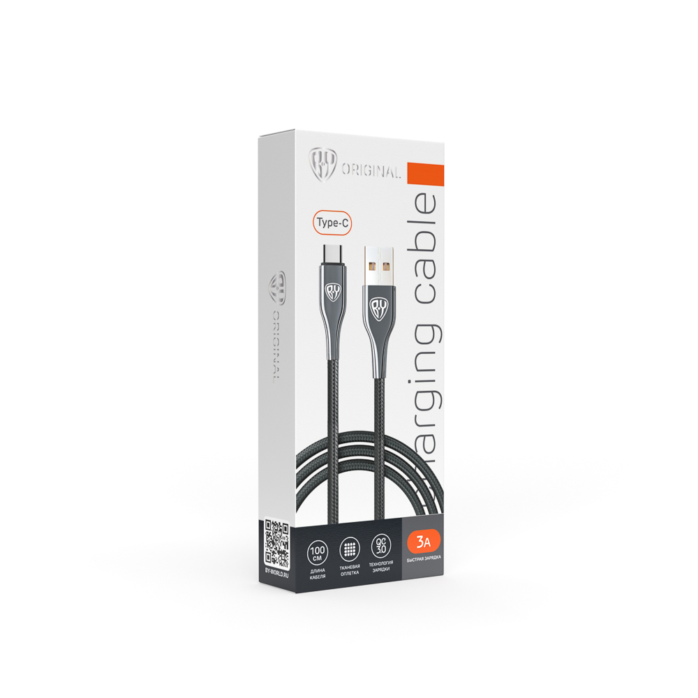 Кабель для зарядки USB(A)-Type C BY Smart, 1м, 3A, QC 3.0, тканевая оплетка, черный - #2