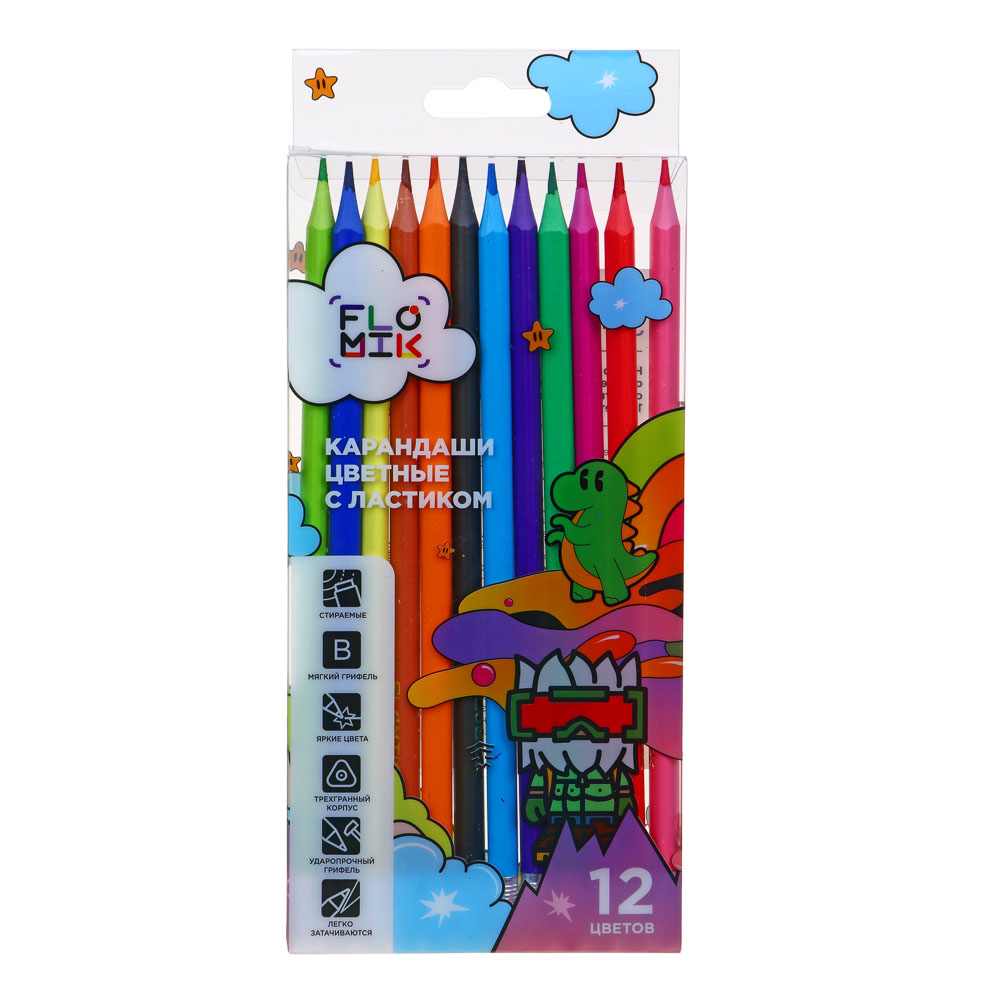 FLOMIK Набор цветных пластиковых стираемых карандашей, ластик, прокрашенный трехгр. корпус, 12 цв. - #1