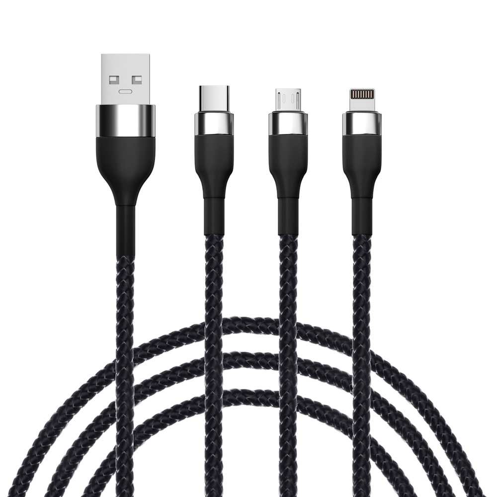 BY Кабель для зарядки 3 в 1 iP/Micro USB/Type-C, 1.5м, 2.1А, тканевая оплётка, металлик, черный - #1