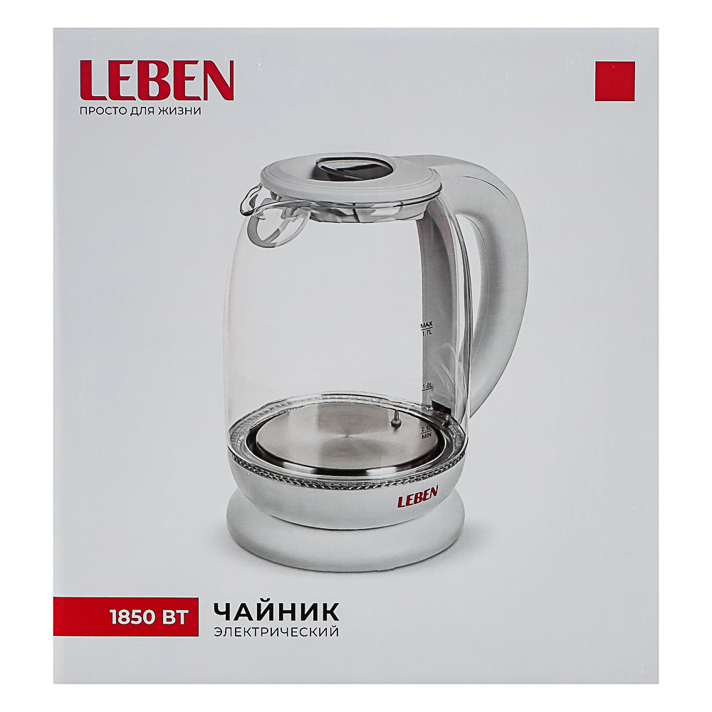 LEBEN Чайник электрический 1,7л, 1850Вт, скрытый нагр.элемент, автооткл., стекло, поддержание темпер - #10