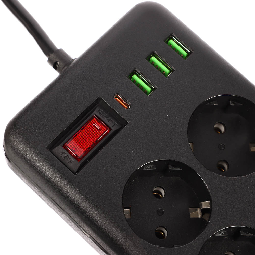 BY Удлинитель, сетевой фильтр Black 6 розеток, 3 м, 3*USB, 1*type-C,выкл., 2500Вт,чёрный - #4