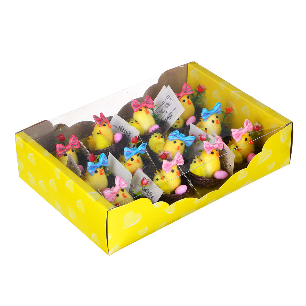 Декор Пасхальный в виде курочки в бантике, в гнезде,5x4,5 см,полиэст, пеноп,пласт,сизаль,картон,3 цв - #5