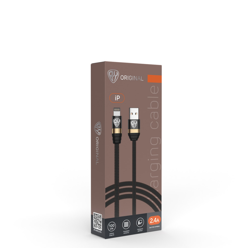 BY Кабель для зарядки Элегант iP, 1м, 2.4А, тканевая оплётка, черный - #2