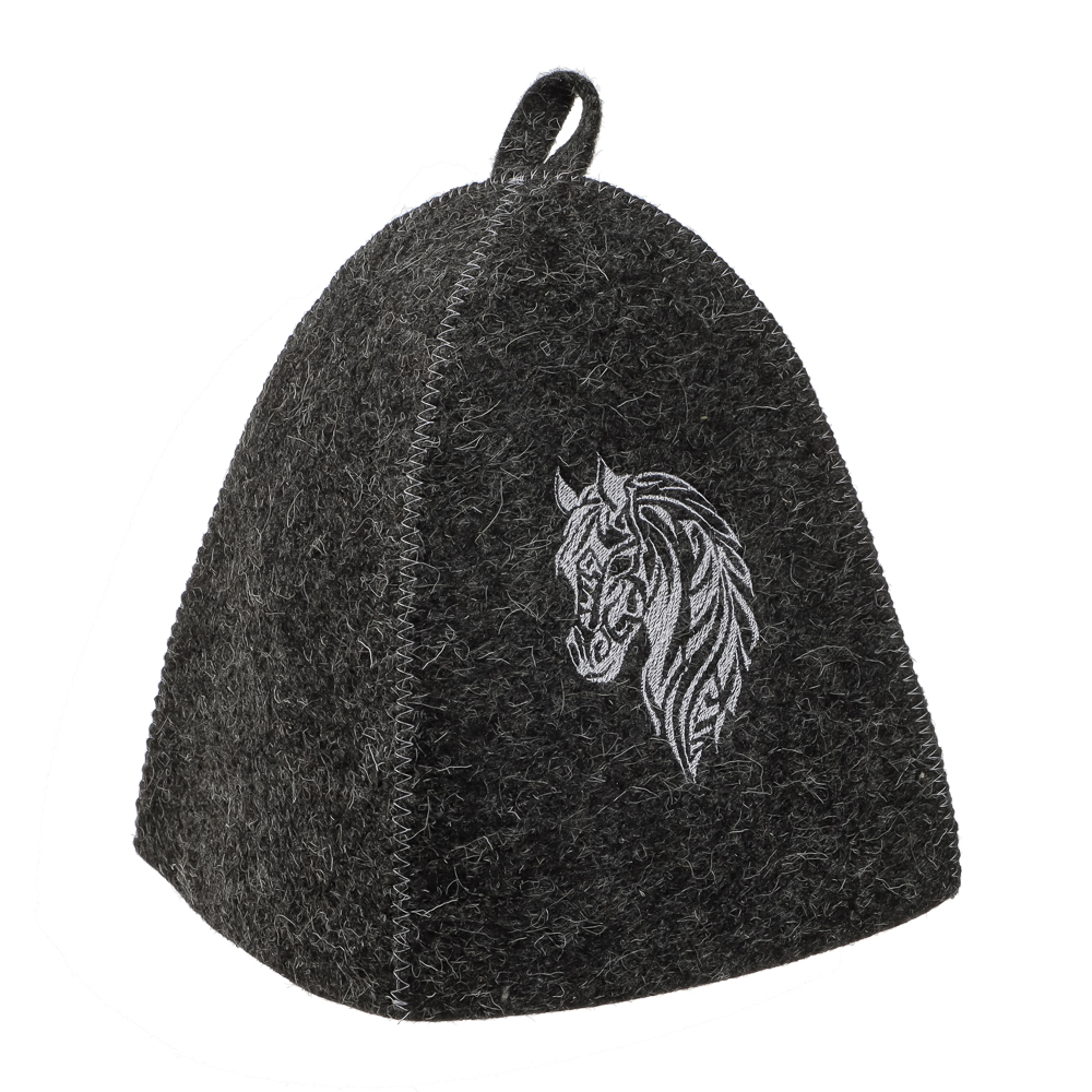 Шапка банная с вышивкой КОНЬ, войлок белый/серый - #2