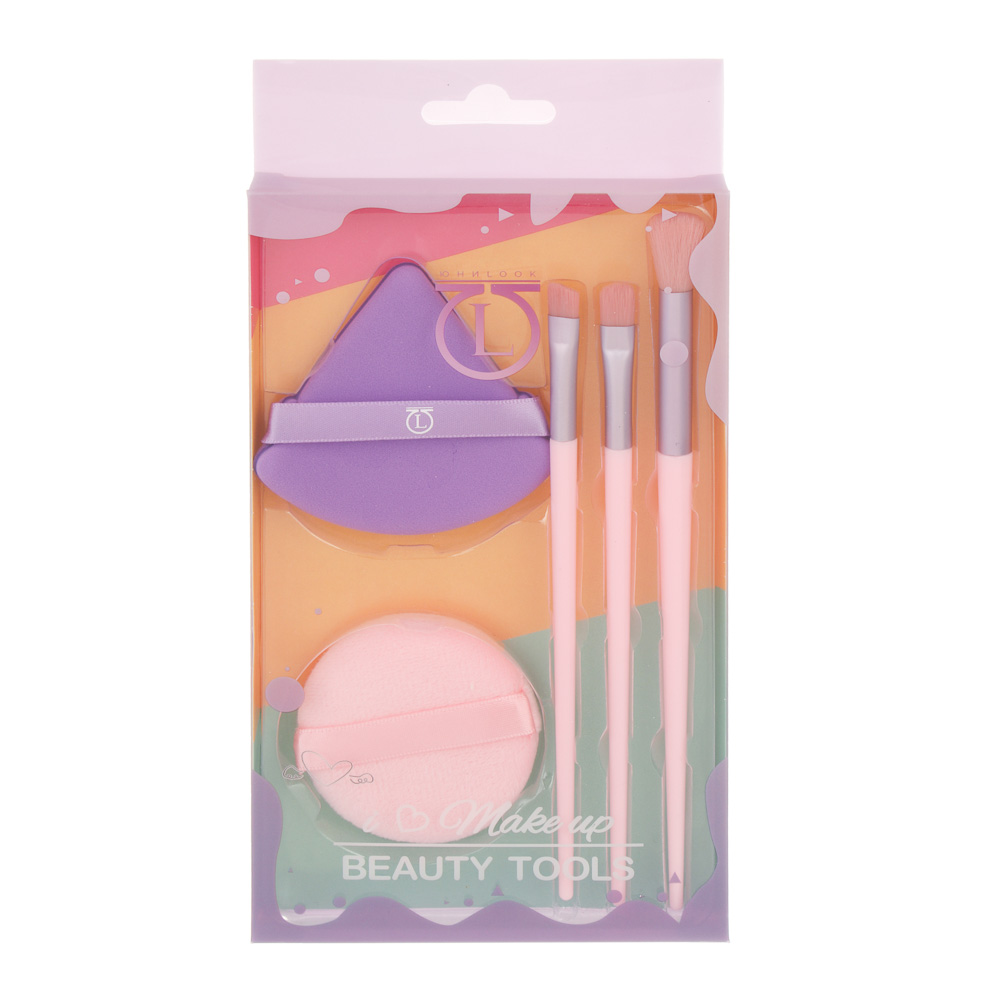 Набор для визажа 5 шт (спонжи 2 шт, кисти 3 шт) тм ЮНИLOOK, ЭВА, ПУ, пластик, нейлон, 3 цвета - #16
