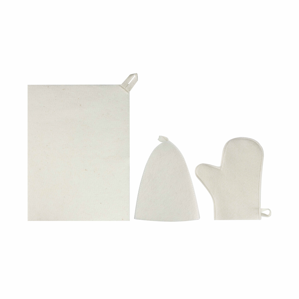 Набор банный ЭКОНОМ 3 предмета (шапка, коврик, рукавица) в пакете, войлок белый/серый - #6