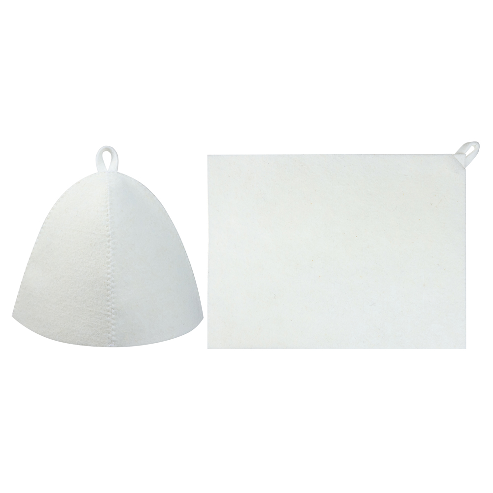 Набор банный ЭКОНОМ 2 предмета без вышивки (шапка, коврик) в пакете, войлок белый/серый - #12