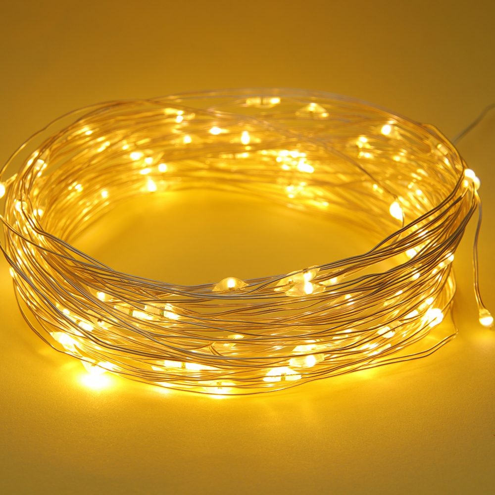 СНОУ БУМ Гирлянда эл. нить росы, 10м, 100LED, шампань, 8 режимов, провол. серебр. цвет, 3хАА - #10