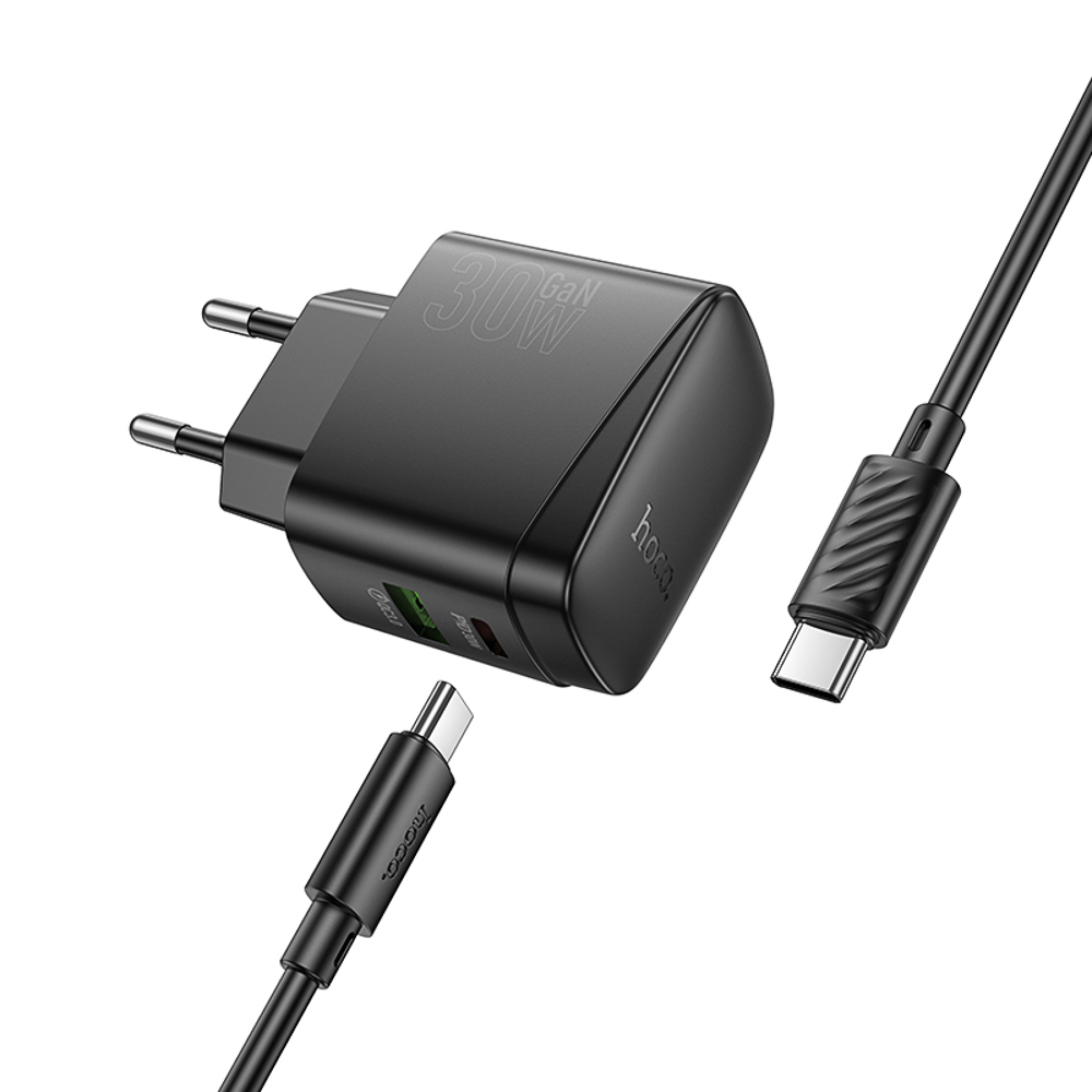 hoco. Зарядное устройство модель CS61A, USB+C 30W+ Кабель для зарядки С-С, цвет: черный - #4