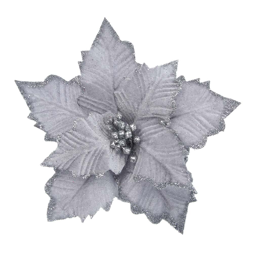 СНОУ БУМ Цветок Пуансеттия на клипсе 25 см, металл, полиэстер, глиттер, серебро - #2