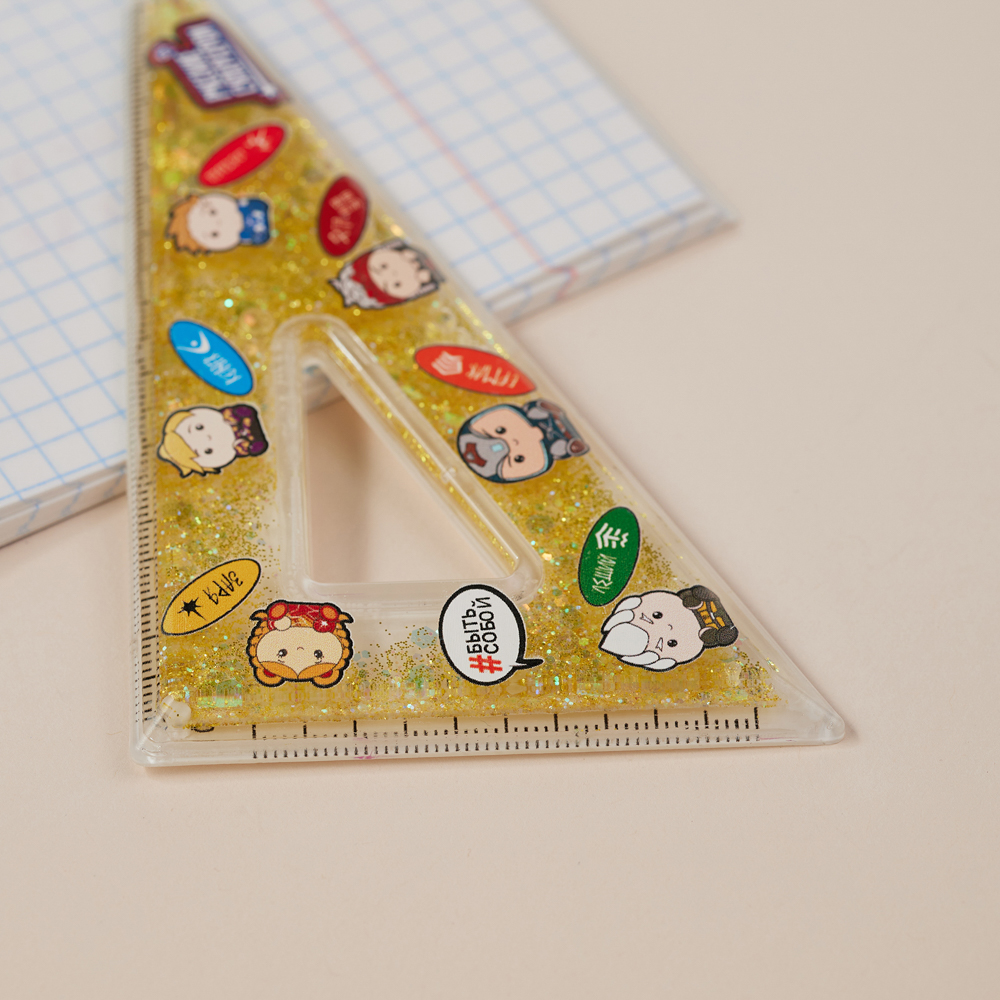 BY Русские Супергерои Угольник 10см, 30/60 градусов, принт, подвижные блестки в геле, "Кавай", 3 цв. - #14