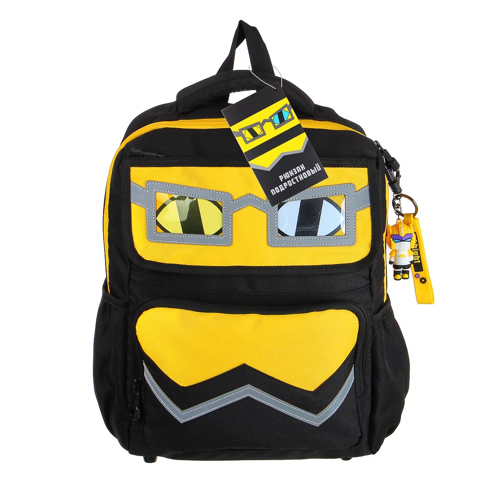Рюкзак подростковый 40x30x14,5см, 1 отд., 4 карм., аппликации в форме лица, ножки, ПЭ, черный/желтый - #7